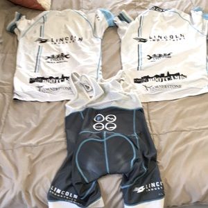 Alchemist cycling kit, two size medium three pocket jerseys. One medium bibs